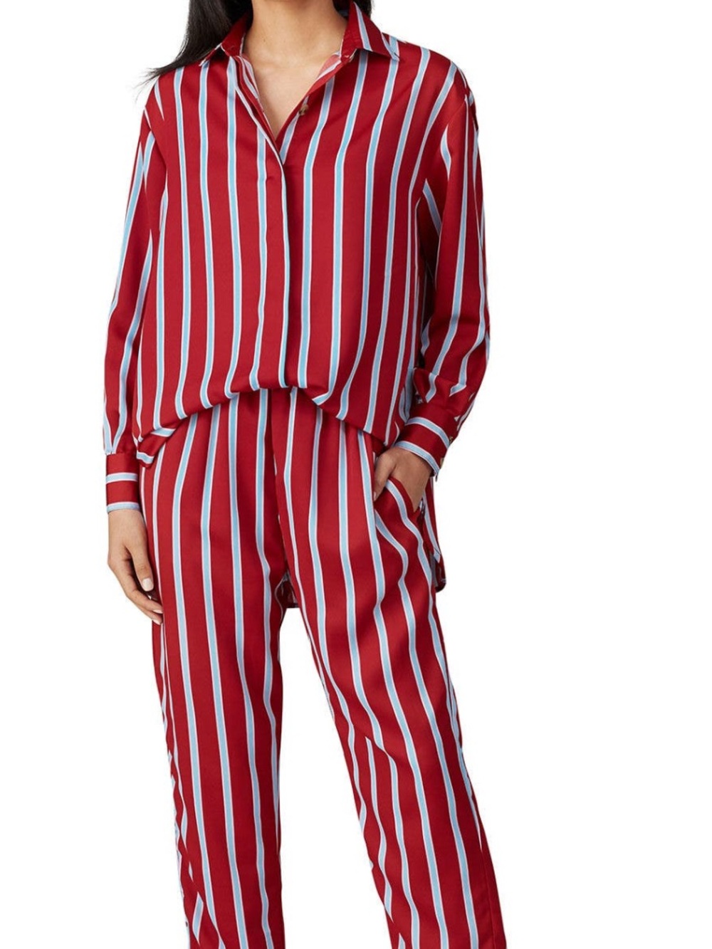 Sweet Baby Jane Red and Light Blue Striped Satin Button Down Shirt